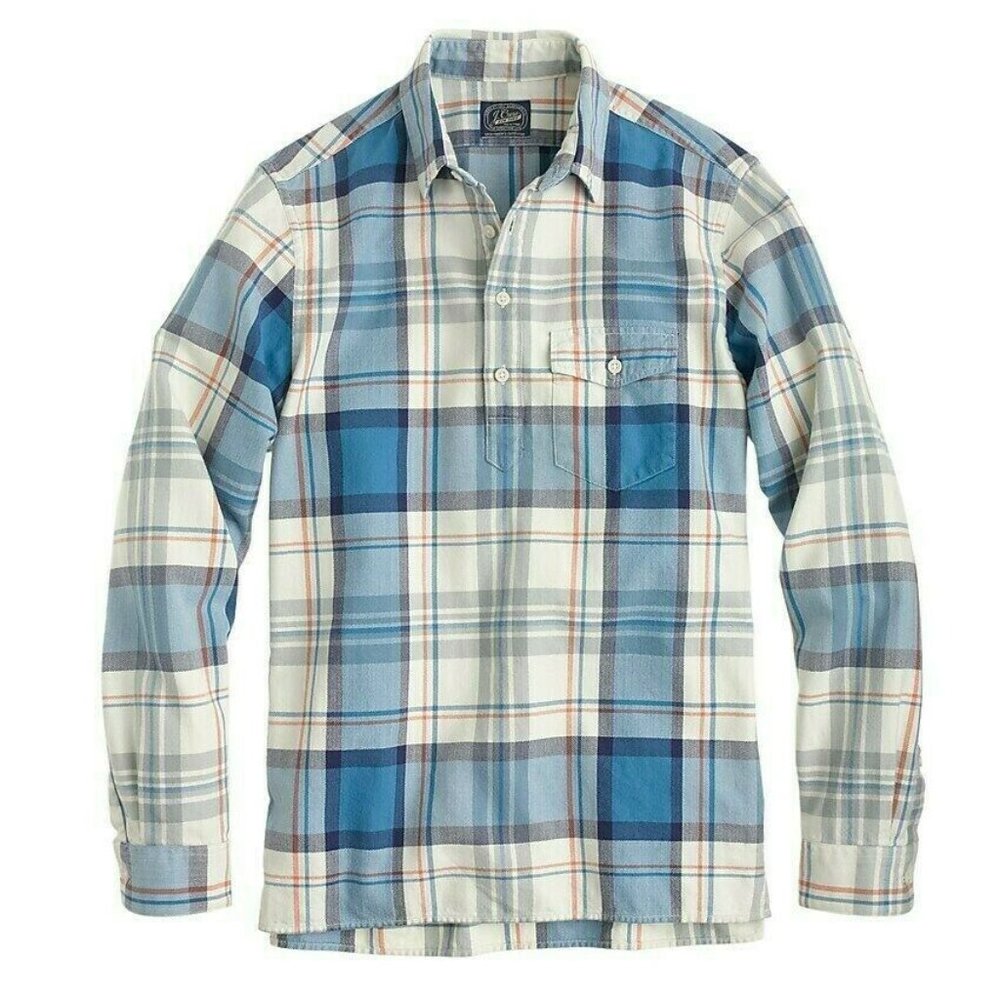 J Crew Men XS Blue Plaid Flannel Shirt Popover